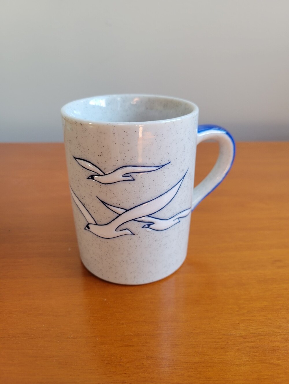 Vintage Speckled Stoneware Seagull Mug Blue Embossed Coastal